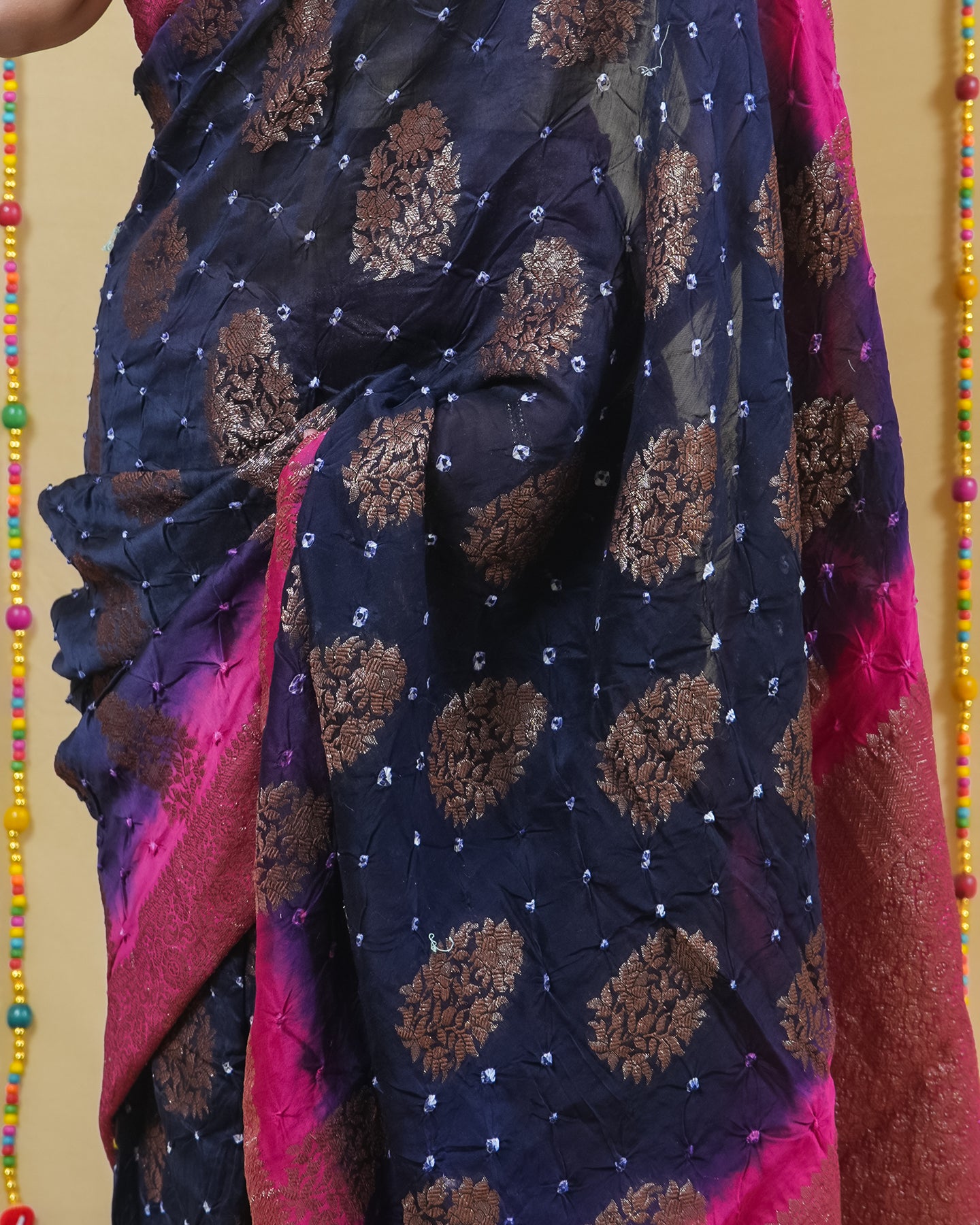 Navy and Rani Chanderi Bandhani Silk Saree