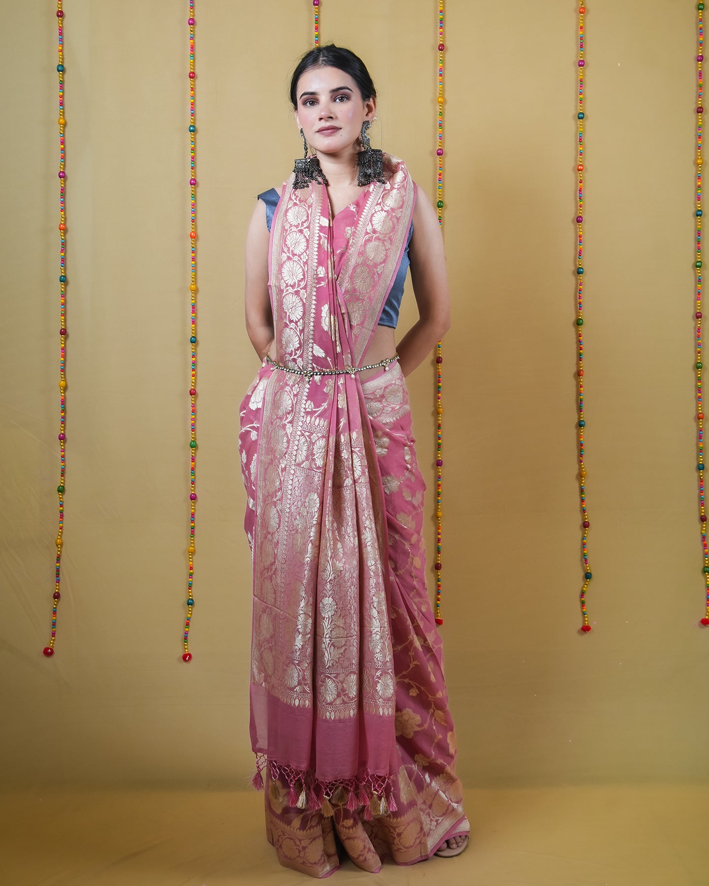 Flamingo Pink Khaddi Banarasi Georgette Silk Saree