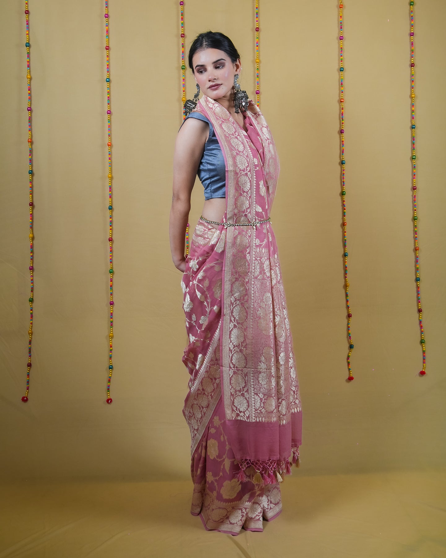 Flamingo Pink Khaddi Banarasi Georgette Silk Saree