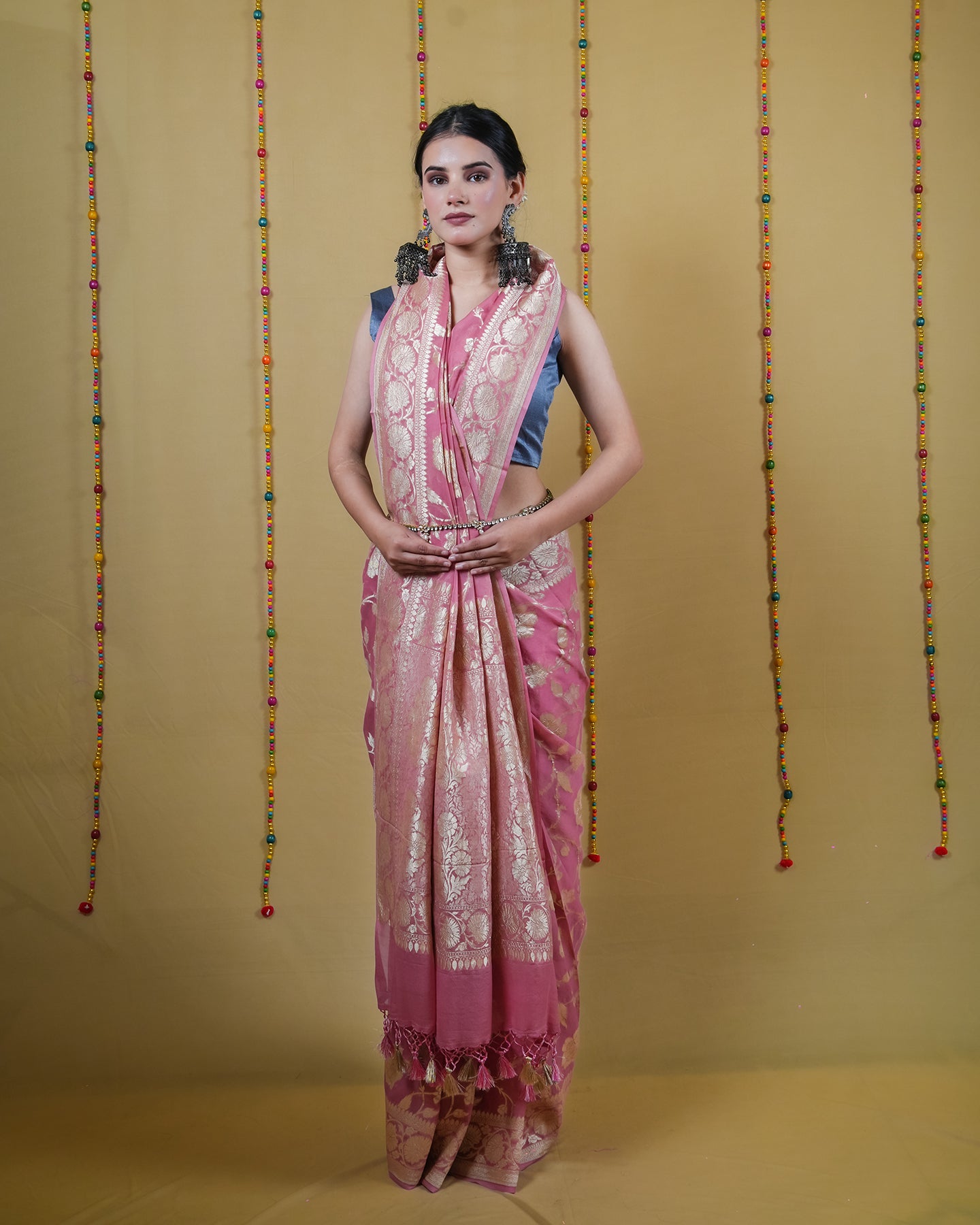 Flamingo Pink Khaddi Banarasi Georgette Silk Saree