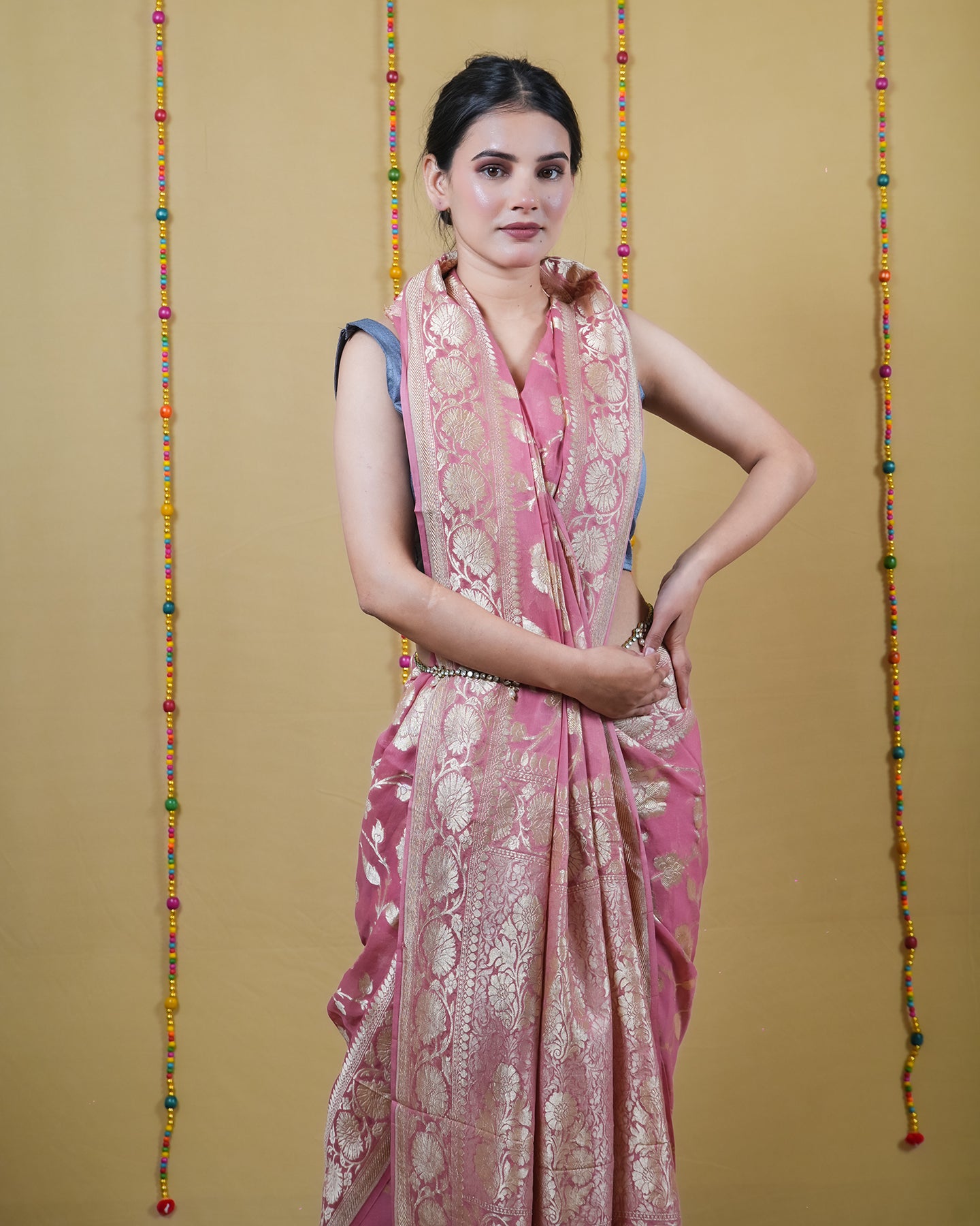 Flamingo Pink Khaddi Banarasi Georgette Silk Saree