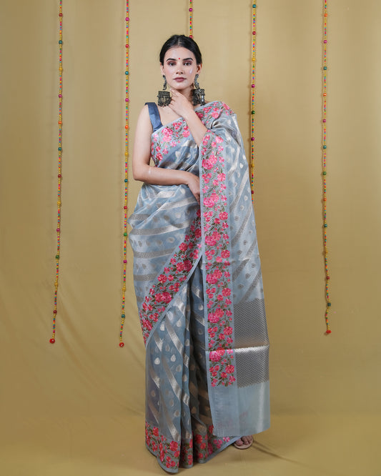 Pastel Blue Tissue Weaving Embroidery Saree