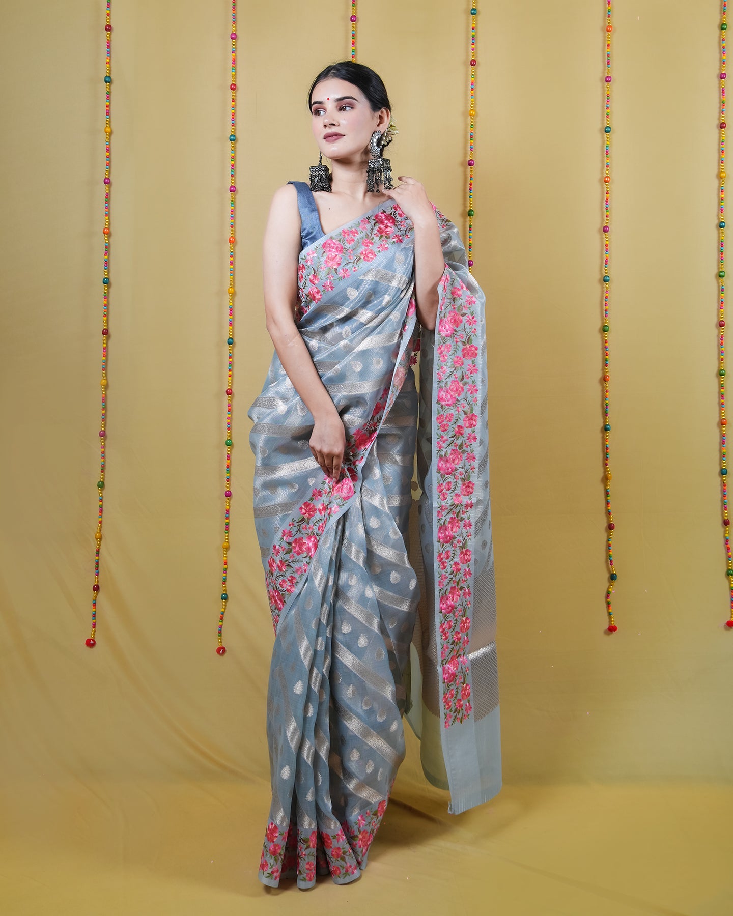 Pastel Blue Tissue Weaving Embroidery Saree