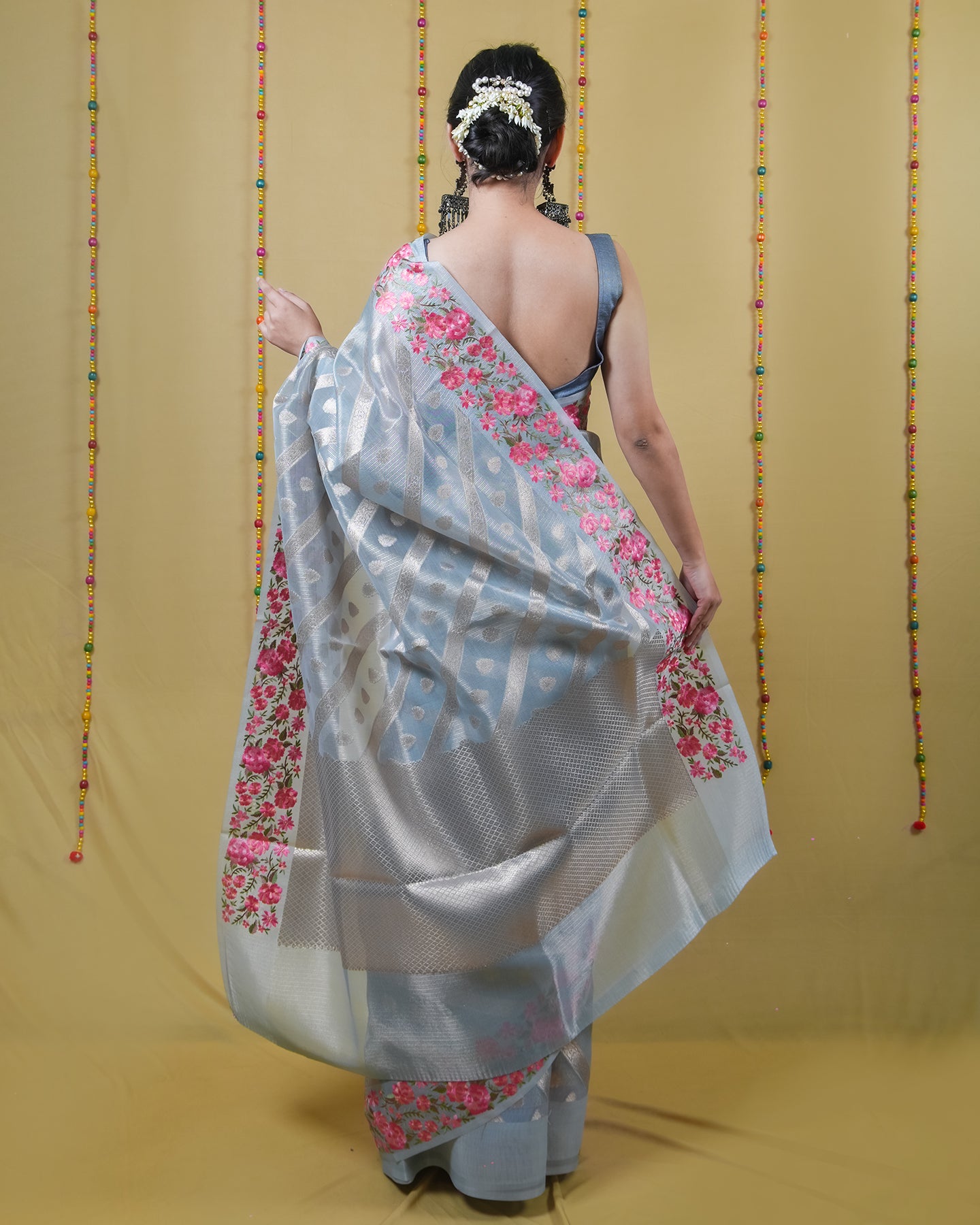 Pastel Blue Tissue Weaving Embroidery Saree