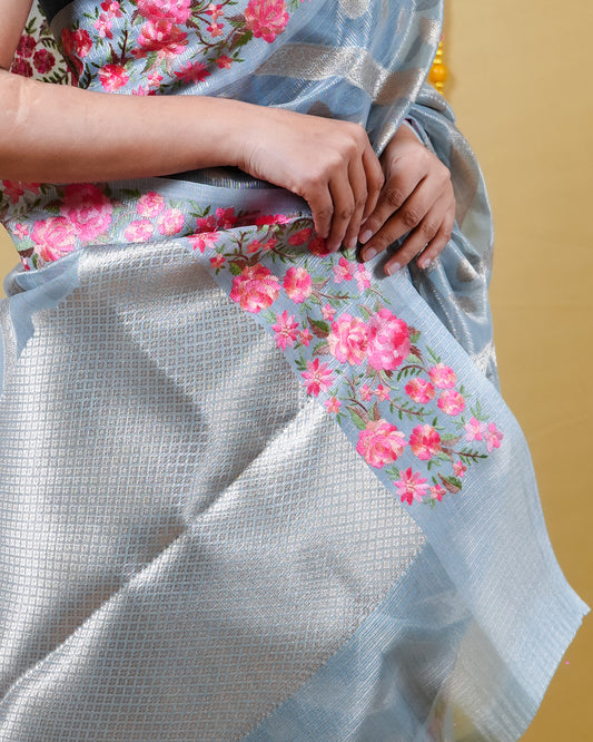 Pastel Blue Tissue Weaving Embroidery Saree