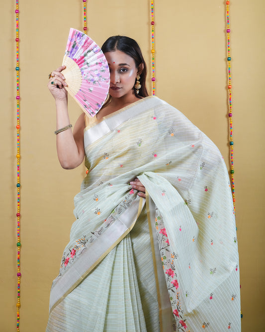 Light Green Tissue Embroidery Saree