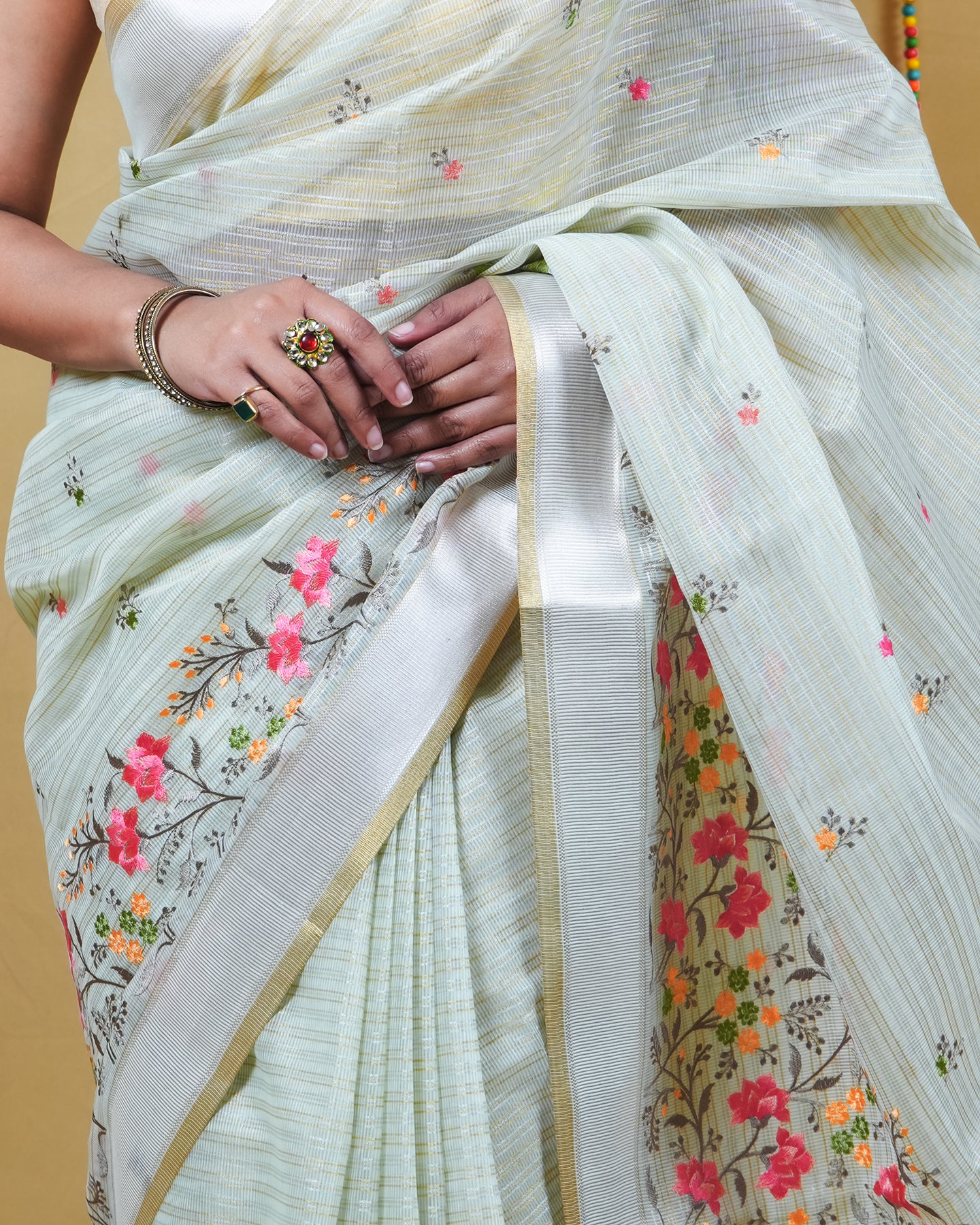 Light Green Tissue Embroidery Saree