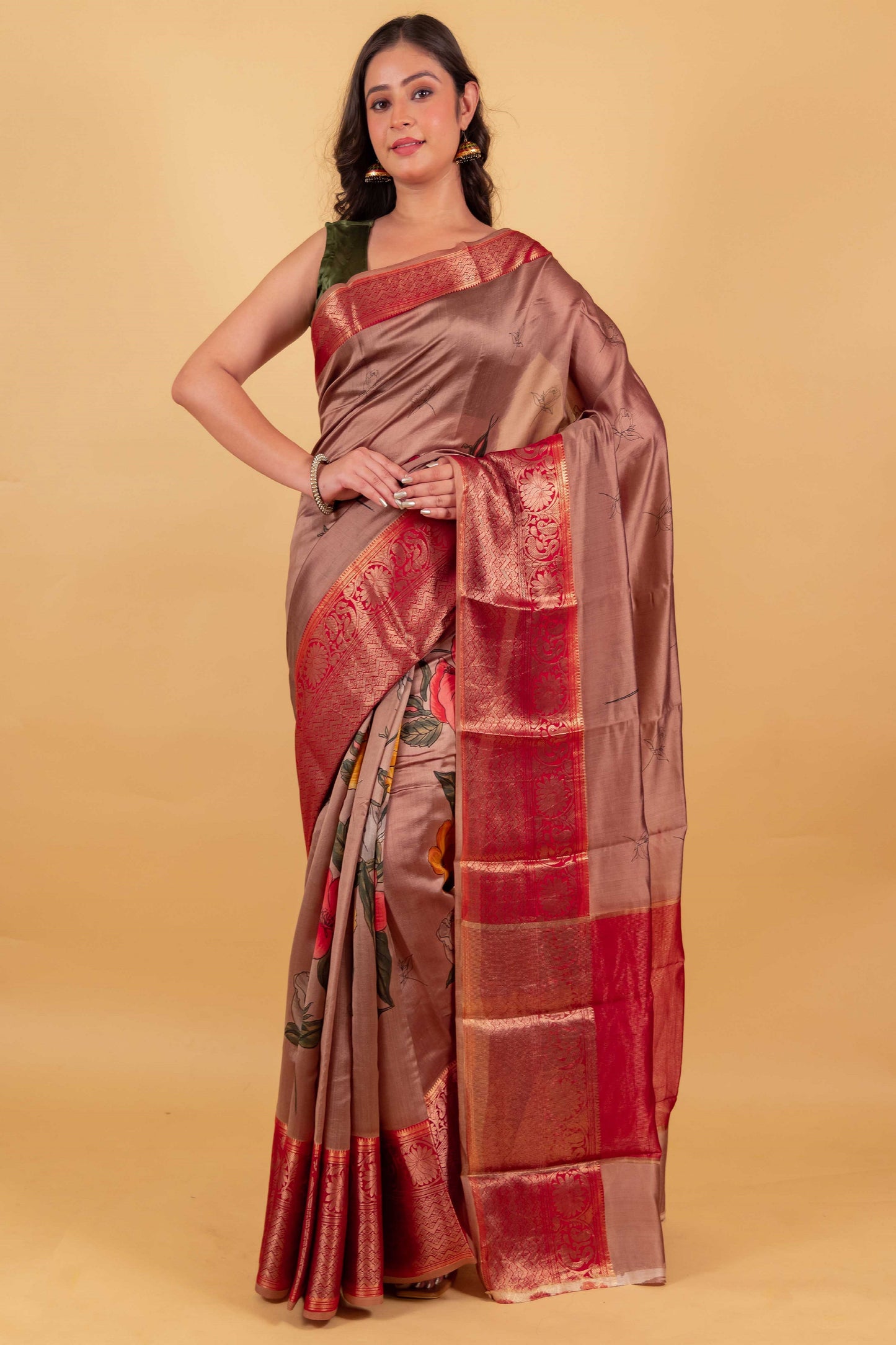 Brown Floral Handprint Chiniya Silk Saree