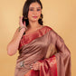 Brown Floral Handprint Chiniya Silk Saree