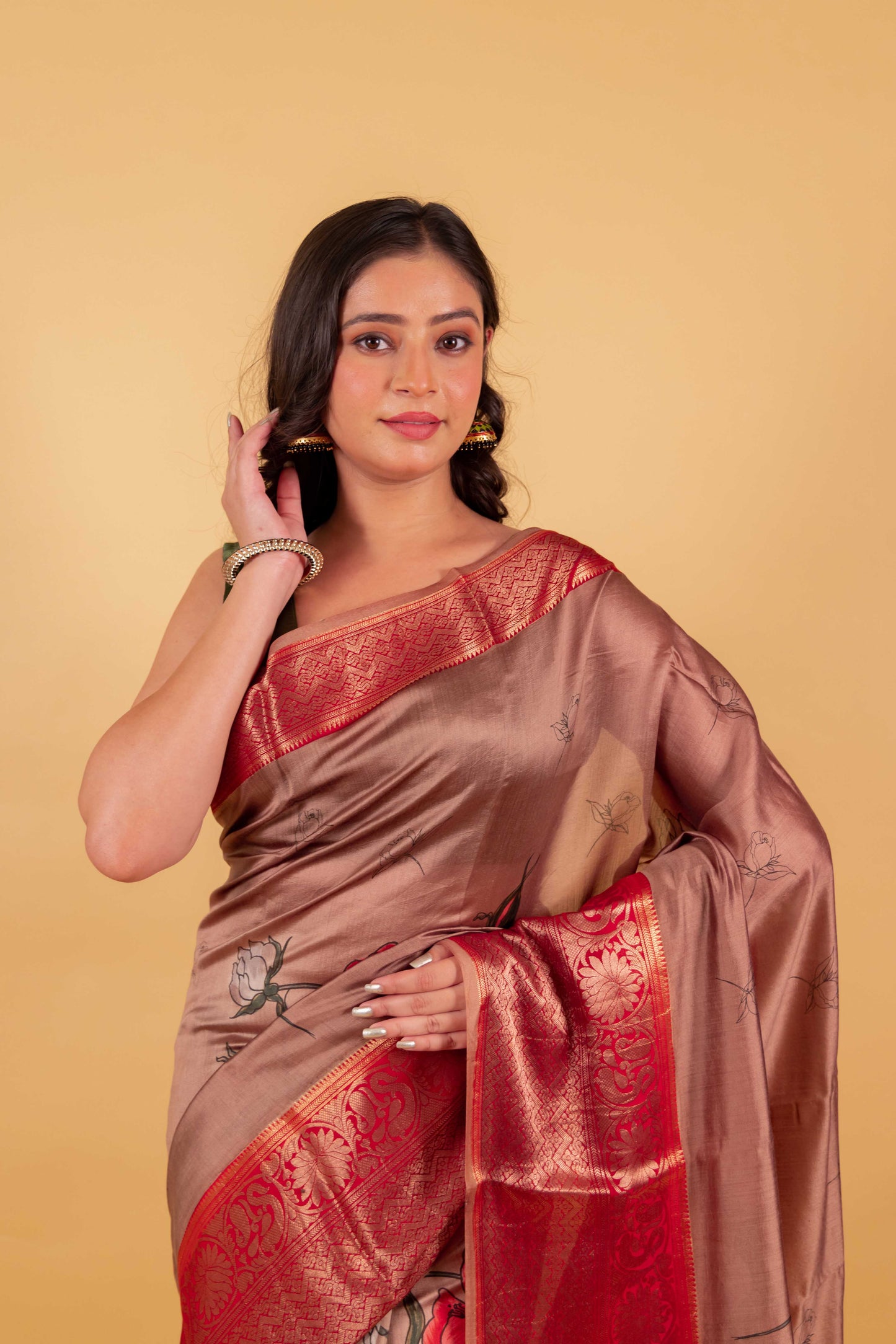 Brown Floral Handprint Chiniya Silk Saree