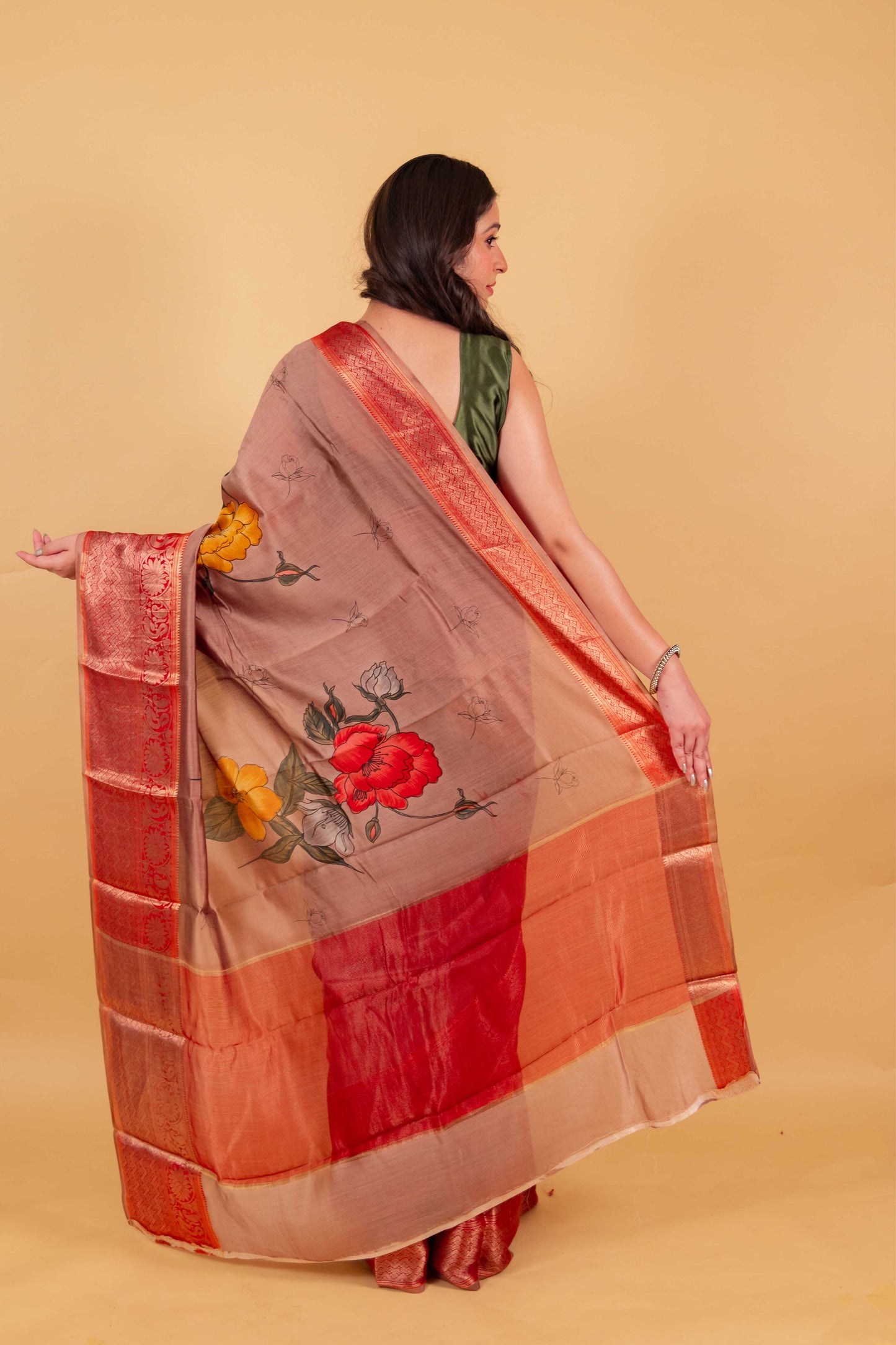 Brown Floral Handprint Chiniya Silk Saree