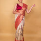 Beige and Red Abstract Print Chiniya Silk Saree