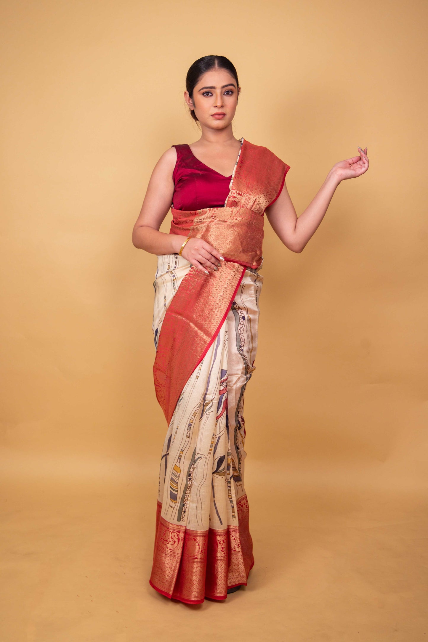 Beige and Red Abstract Print Chiniya Silk Saree