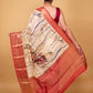 Beige and Red Abstract Print Chiniya Silk Saree