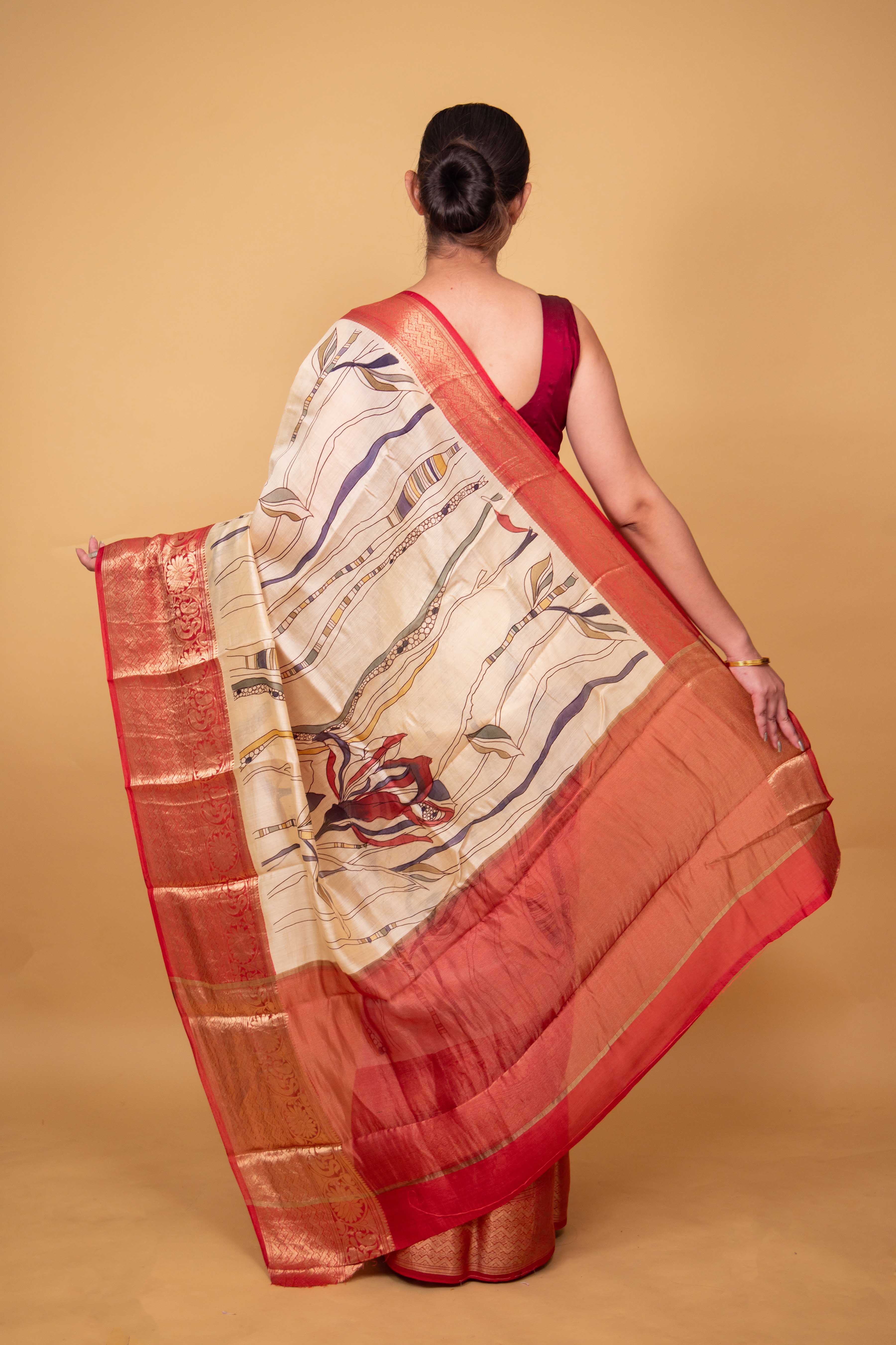 Beige and Red Abstract Print Chiniya Silk Saree