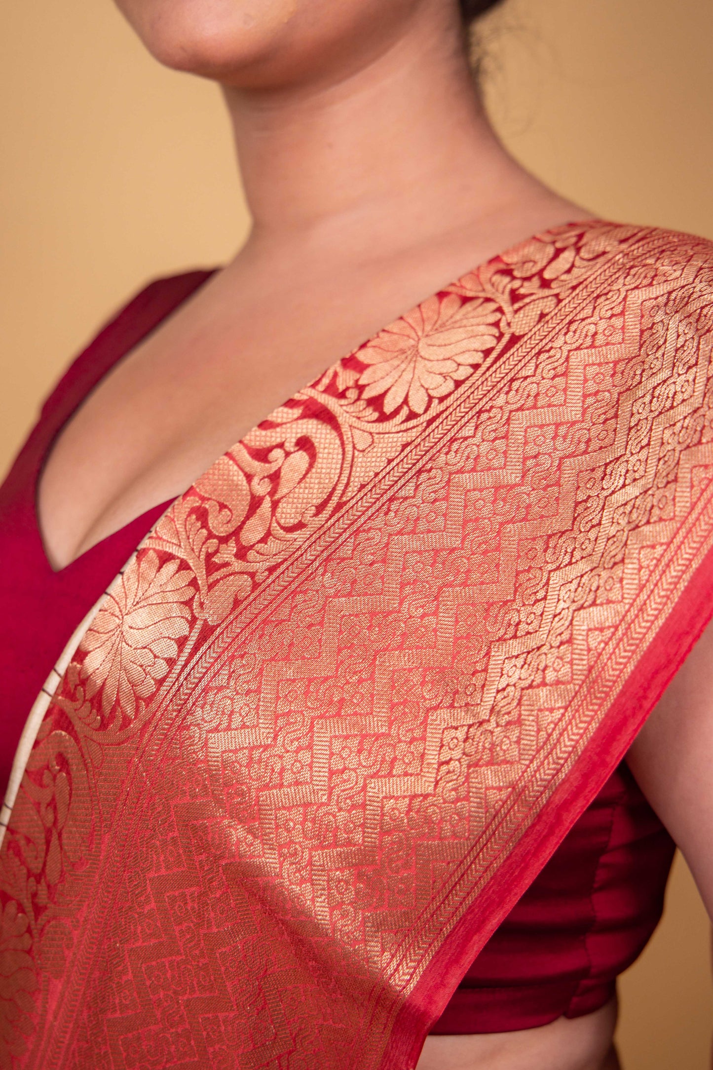 Beige and Red Abstract Print Chiniya Silk Saree