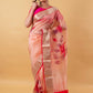 Peachy Pink Floral Handprint Organza Silk Saree