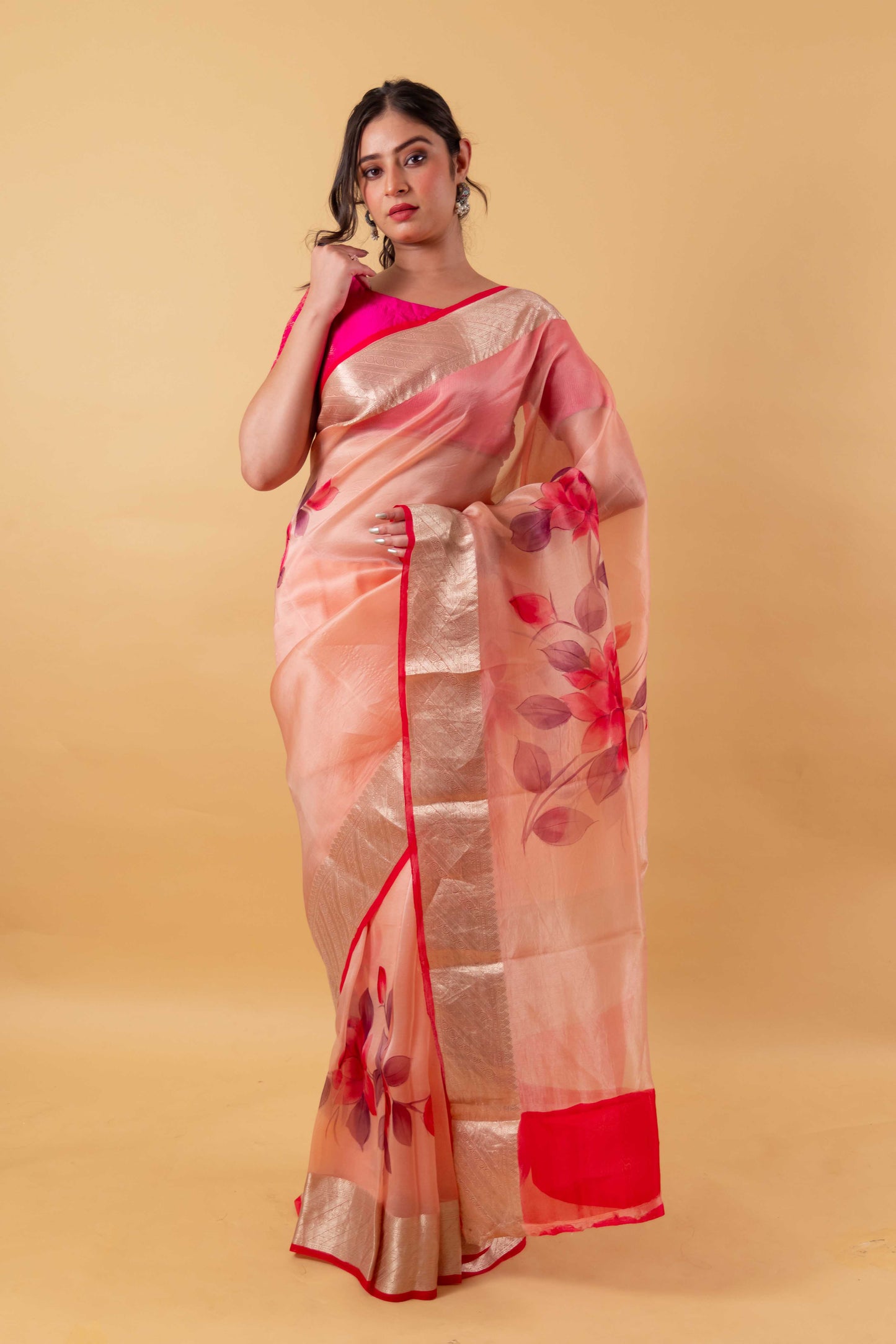 Peachy Pink Floral Handprint Organza Silk Saree