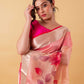 Peachy Pink Floral Handprint Organza Silk Saree