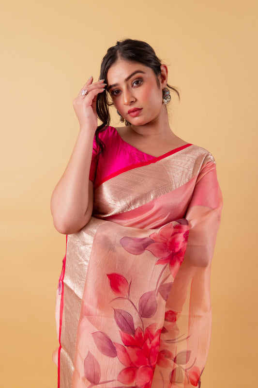 Peachy Pink Floral Handprint Organza Silk Saree