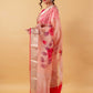 Peachy Pink Floral Handprint Organza Silk Saree