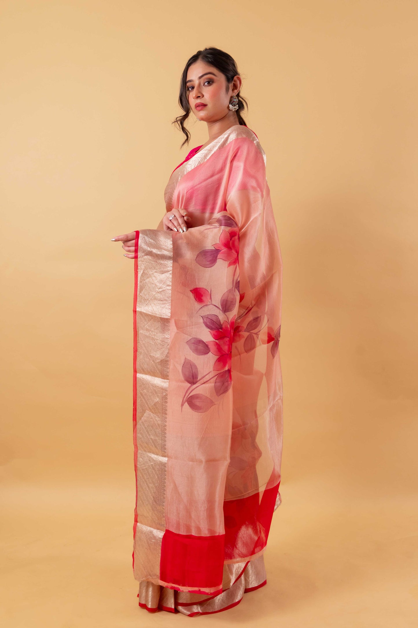 Peachy Pink Floral Handprint Organza Silk Saree