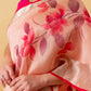 Peachy Pink Floral Handprint Organza Silk Saree