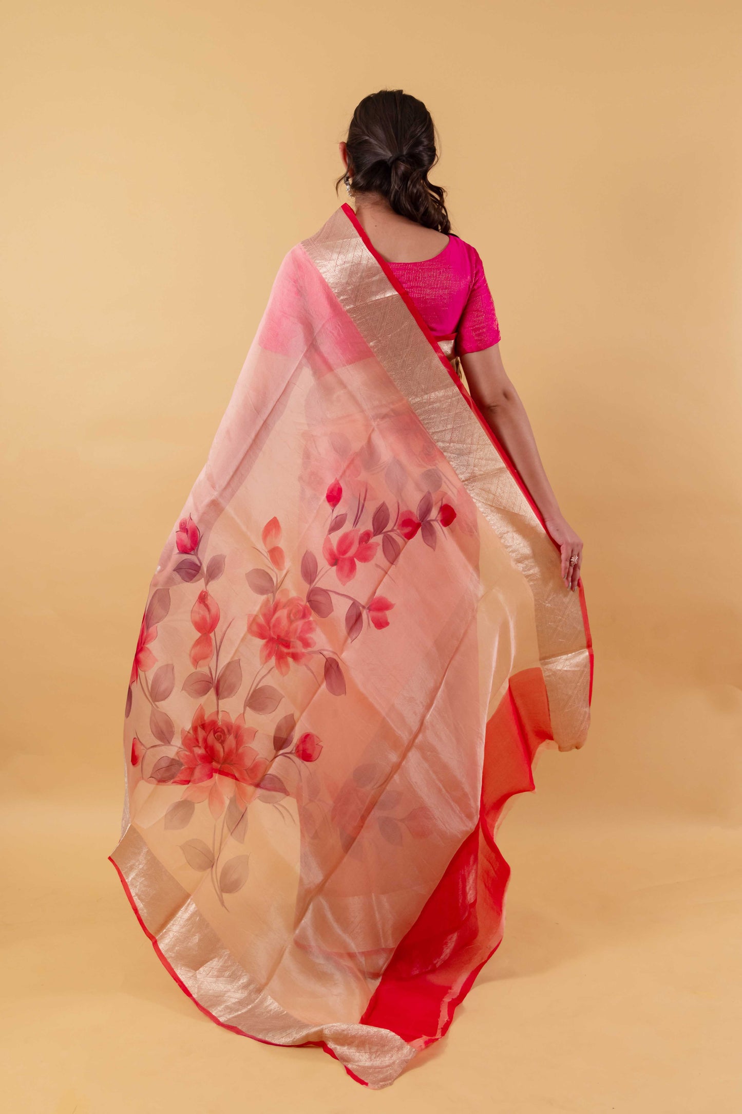 Peachy Pink Floral Handprint Organza Silk Saree