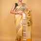 Lemon Yellow Floral Handprint Organza Silk Saree