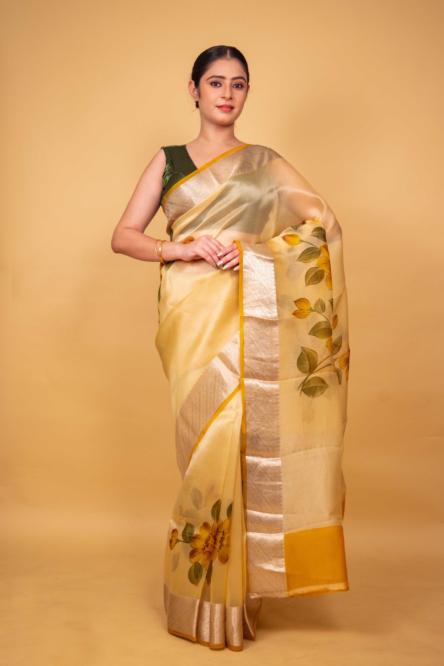 Lemon Yellow Floral Handprint Organza Silk Saree