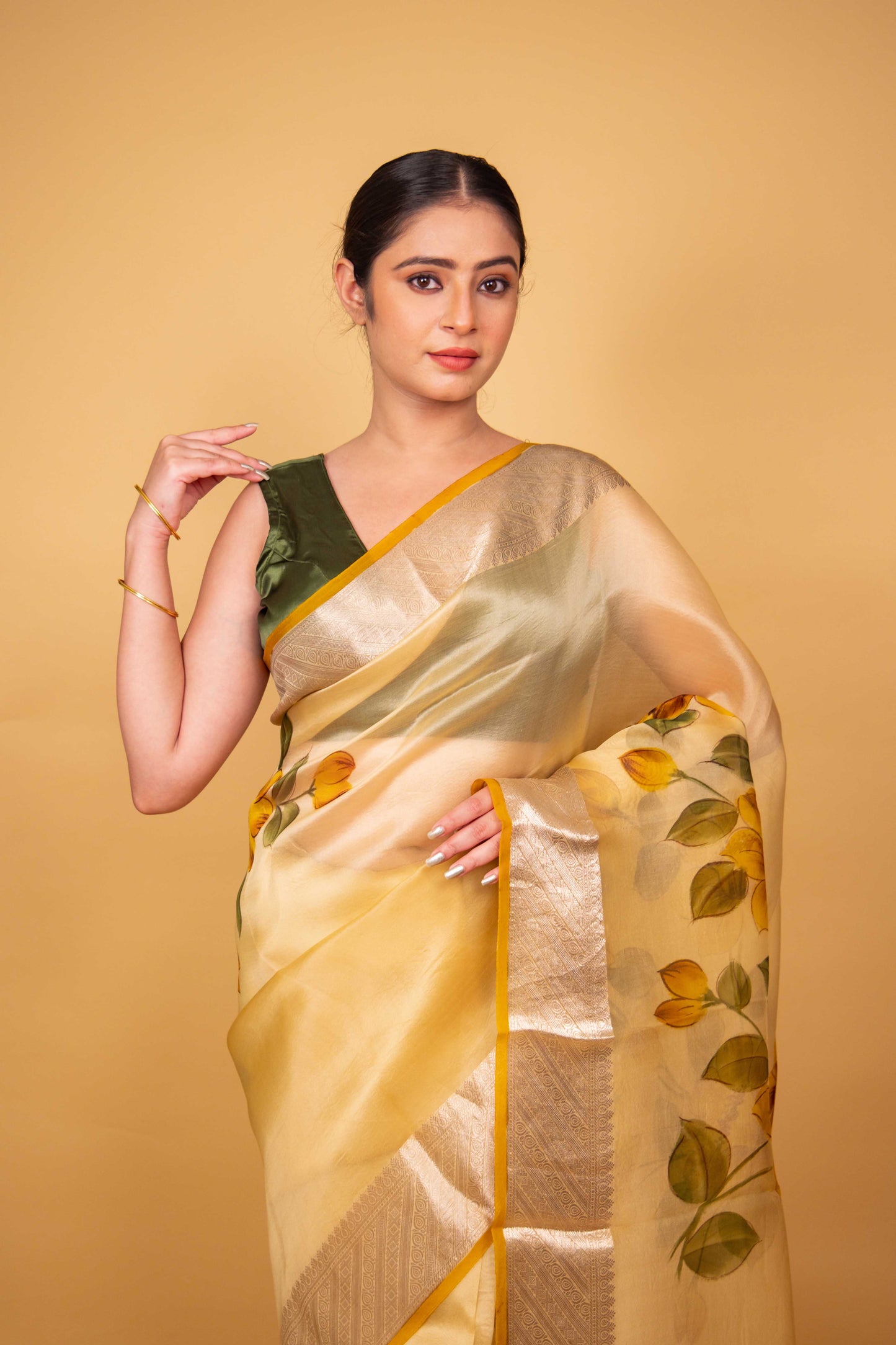 Lemon Yellow Floral Handprint Organza Silk Saree