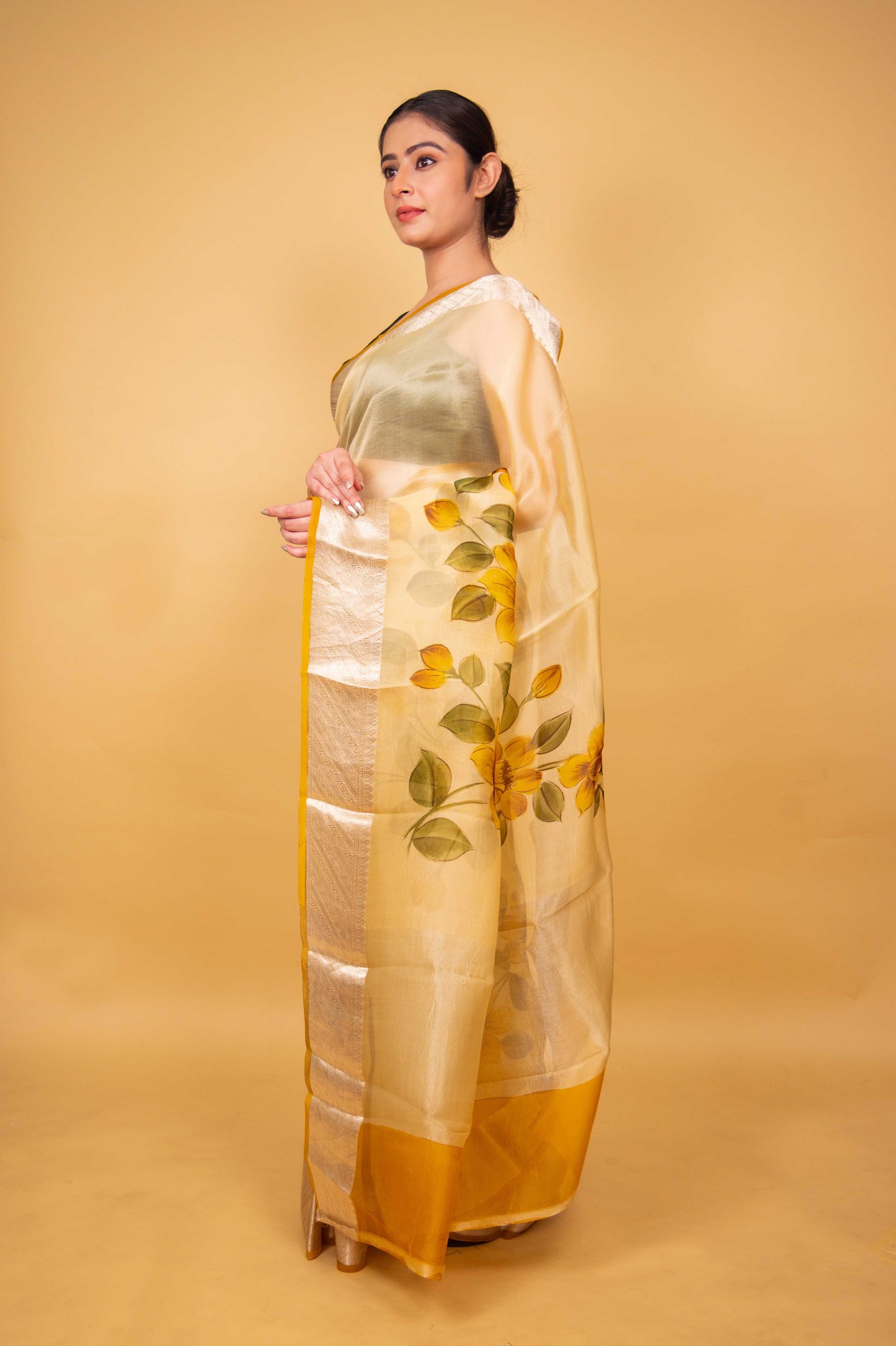 Lemon Yellow Floral Handprint Organza Silk Saree