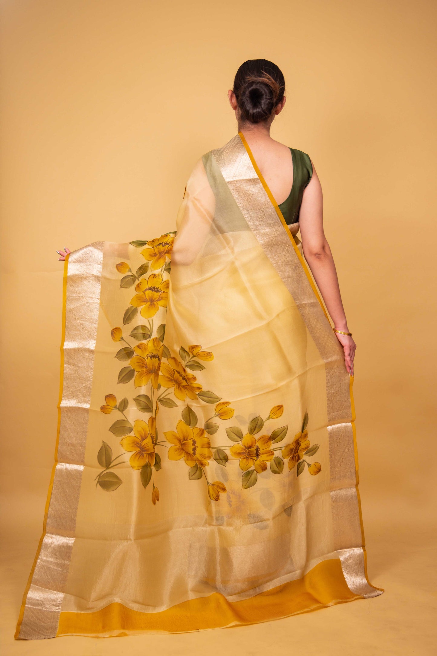 Lemon Yellow Floral Handprint Organza Silk Saree