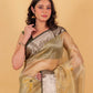 Beige and Green Floral Handprint Organza Silk Saree