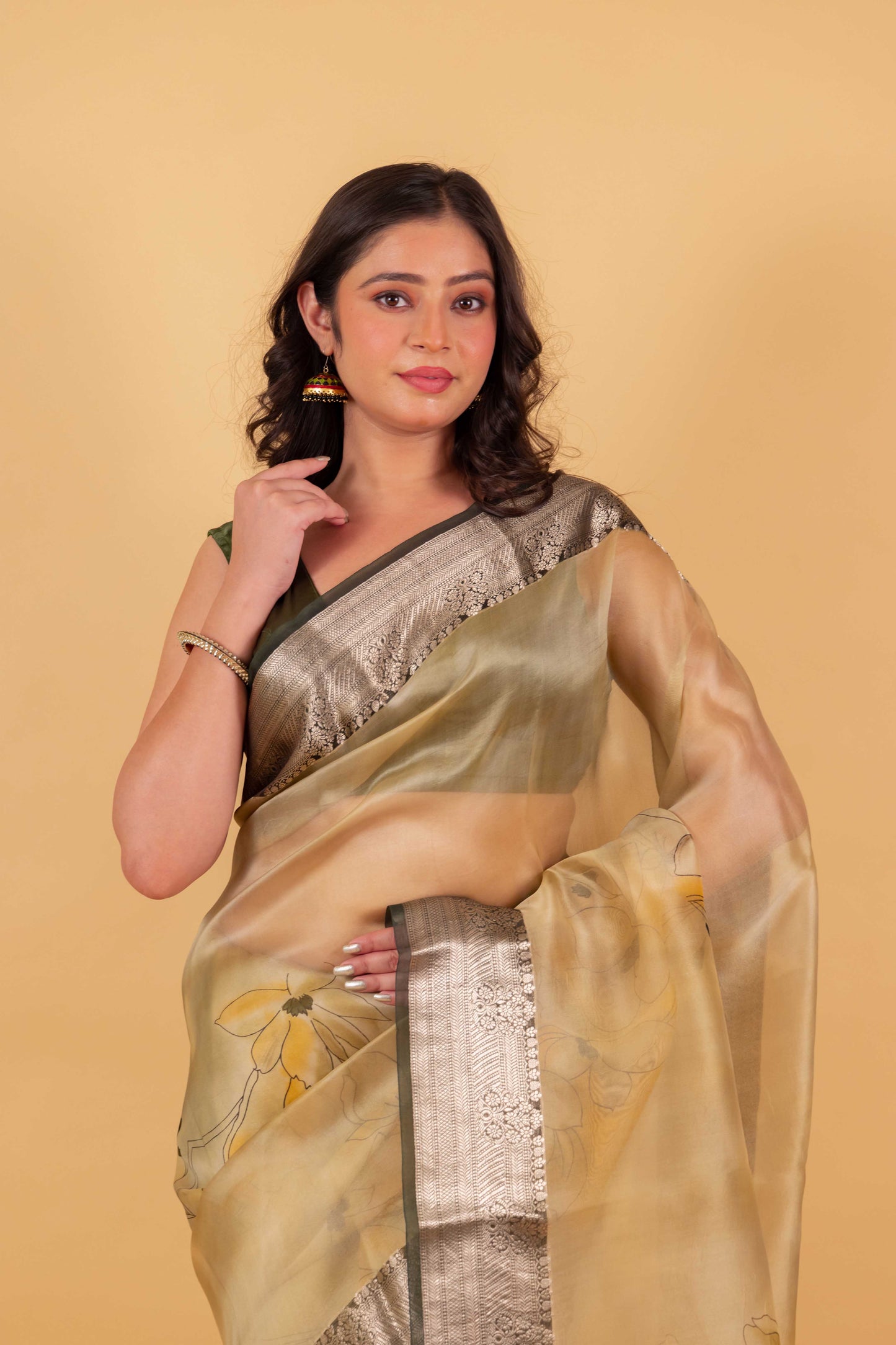 Beige and Green Floral Handprint Organza Silk Saree