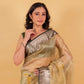 Beige and Green Floral Handprint Organza Silk Saree