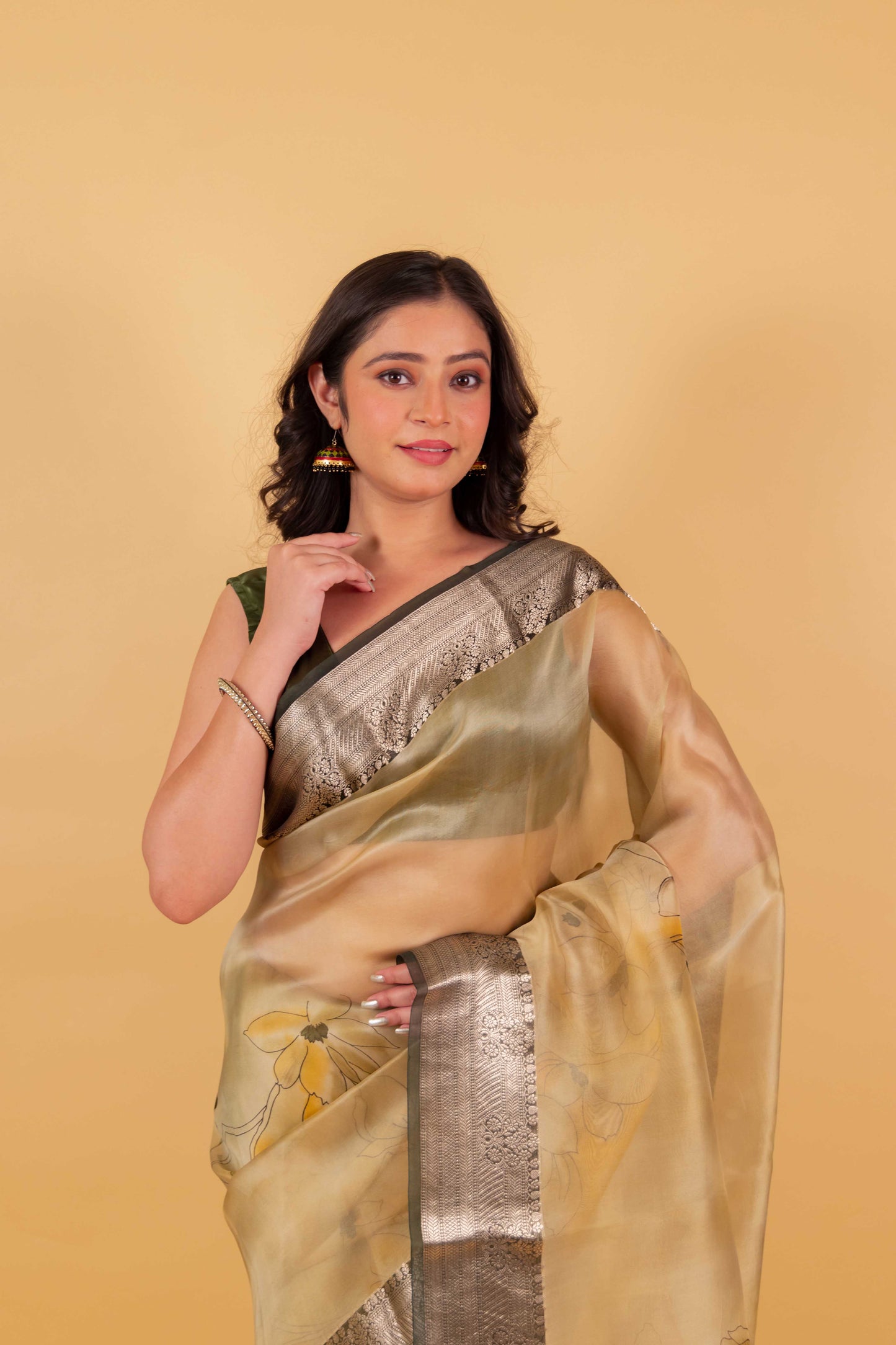 Beige and Green Floral Handprint Organza Silk Saree