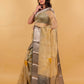 Beige and Green Floral Handprint Organza Silk Saree