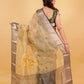 Beige and Green Floral Handprint Organza Silk Saree