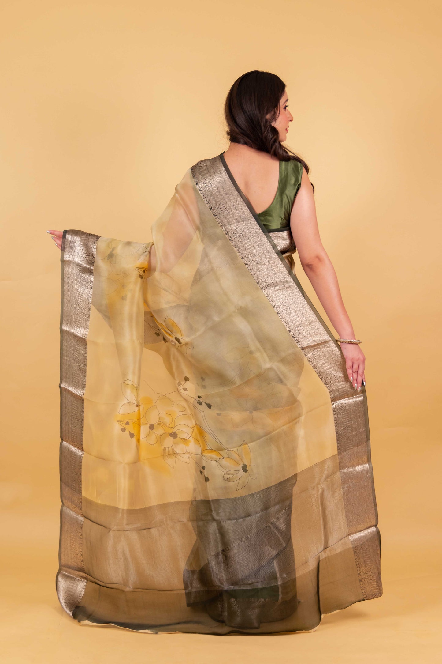 Beige and Green Floral Handprint Organza Silk Saree