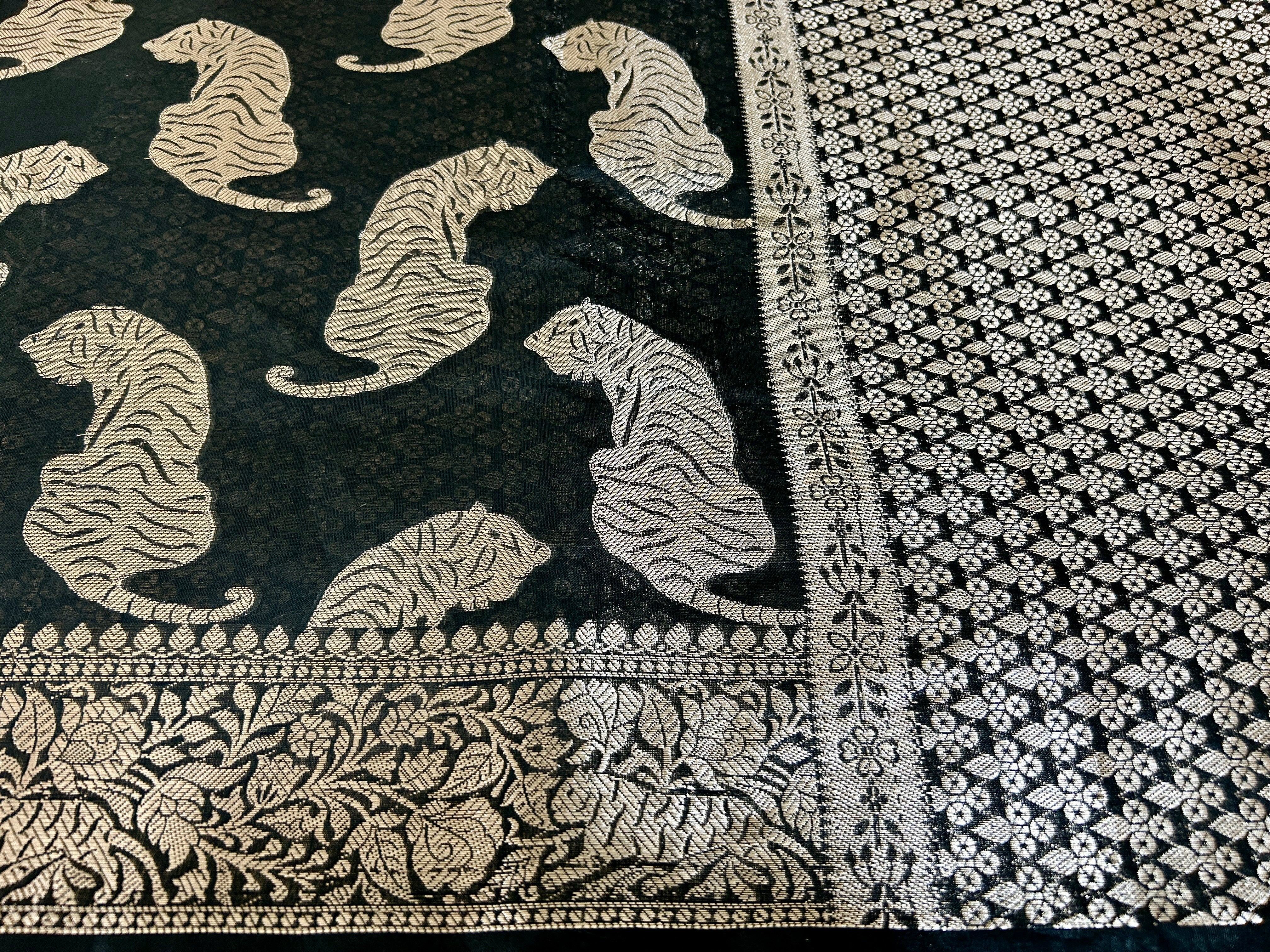 Black Chanderi Tiger Zari Woven Saree