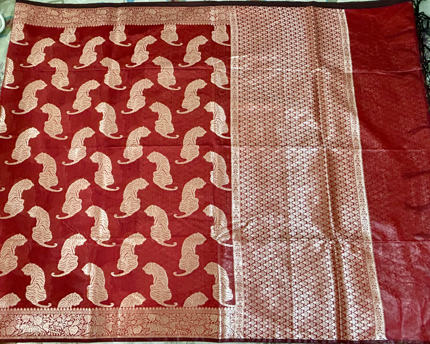 Maroon Chanderi Tiger Zari Woven Saree