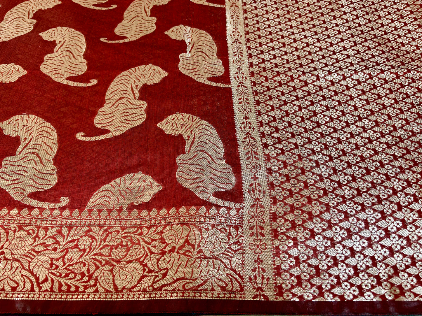 Maroon Chanderi Tiger Zari Woven Saree