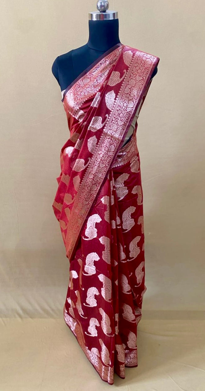 Maroon Chanderi Tiger Zari Woven Saree