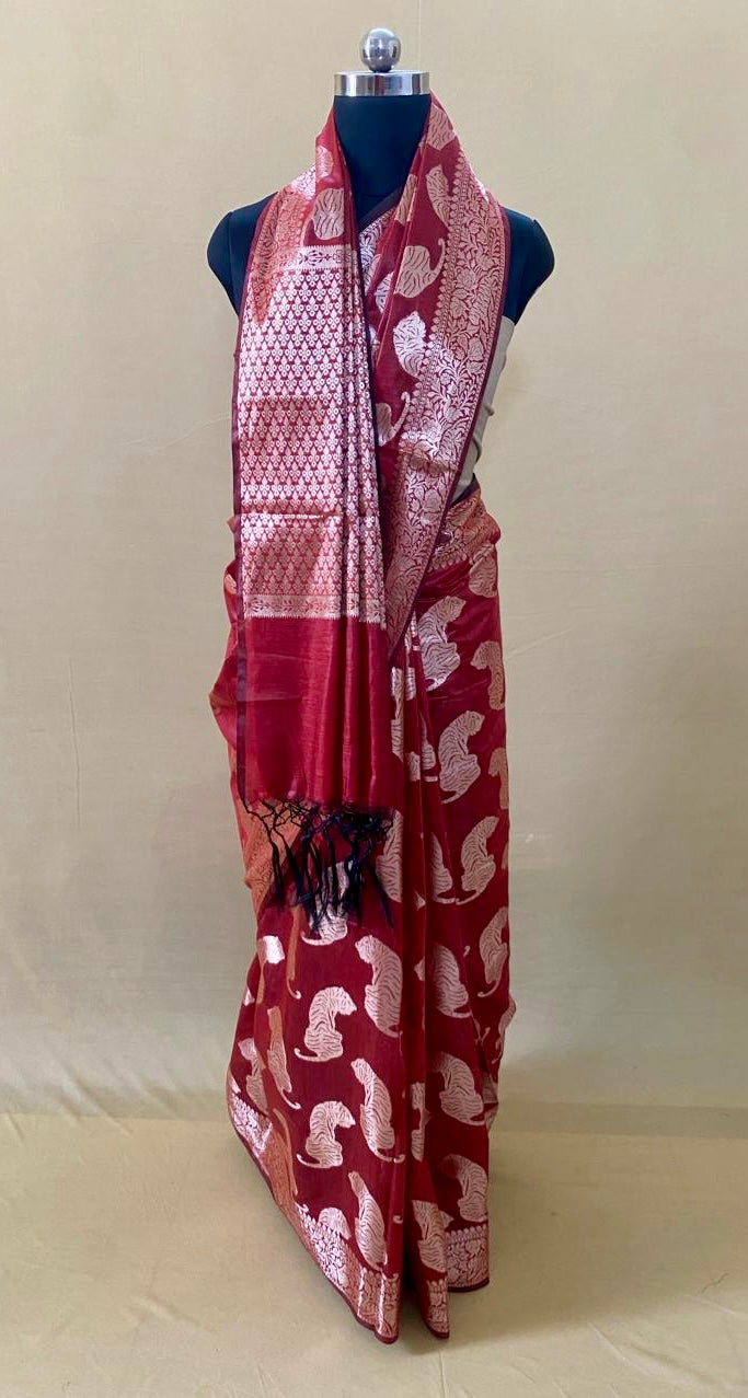 Maroon Chanderi Tiger Zari Woven Saree