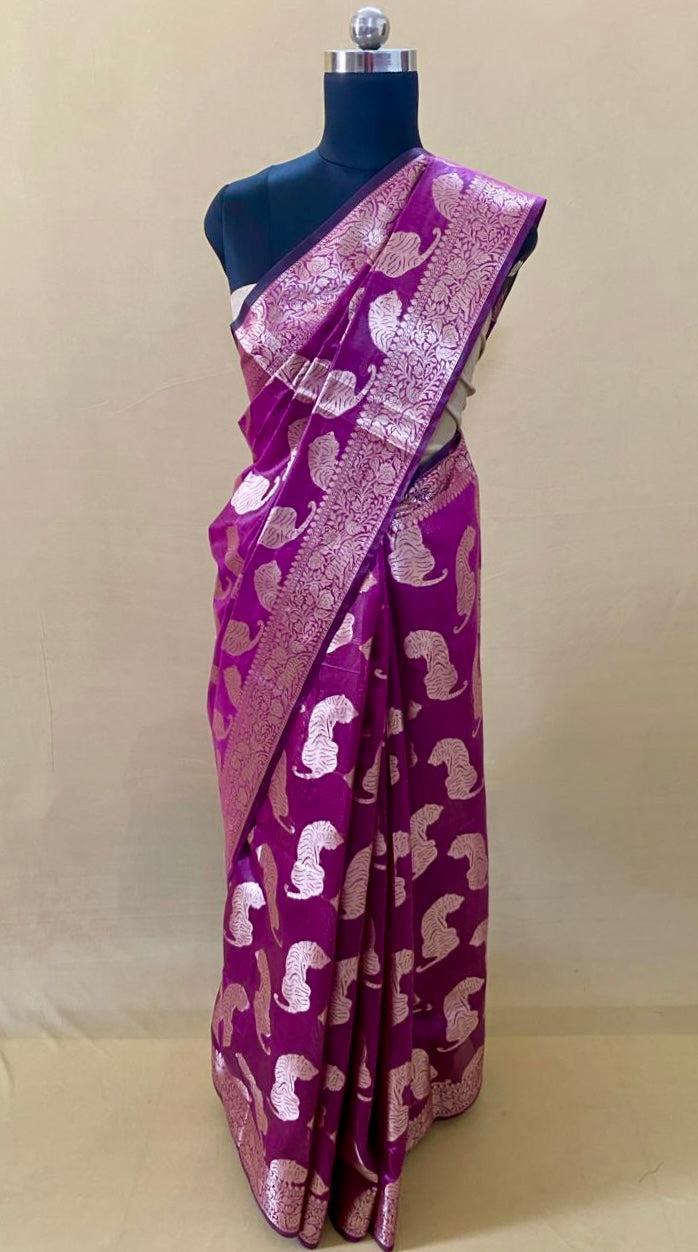 Magenta Chanderi Tiger Zari Woven Saree