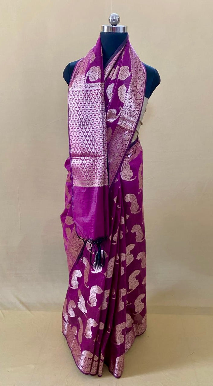 Magenta Chanderi Tiger Zari Woven Saree