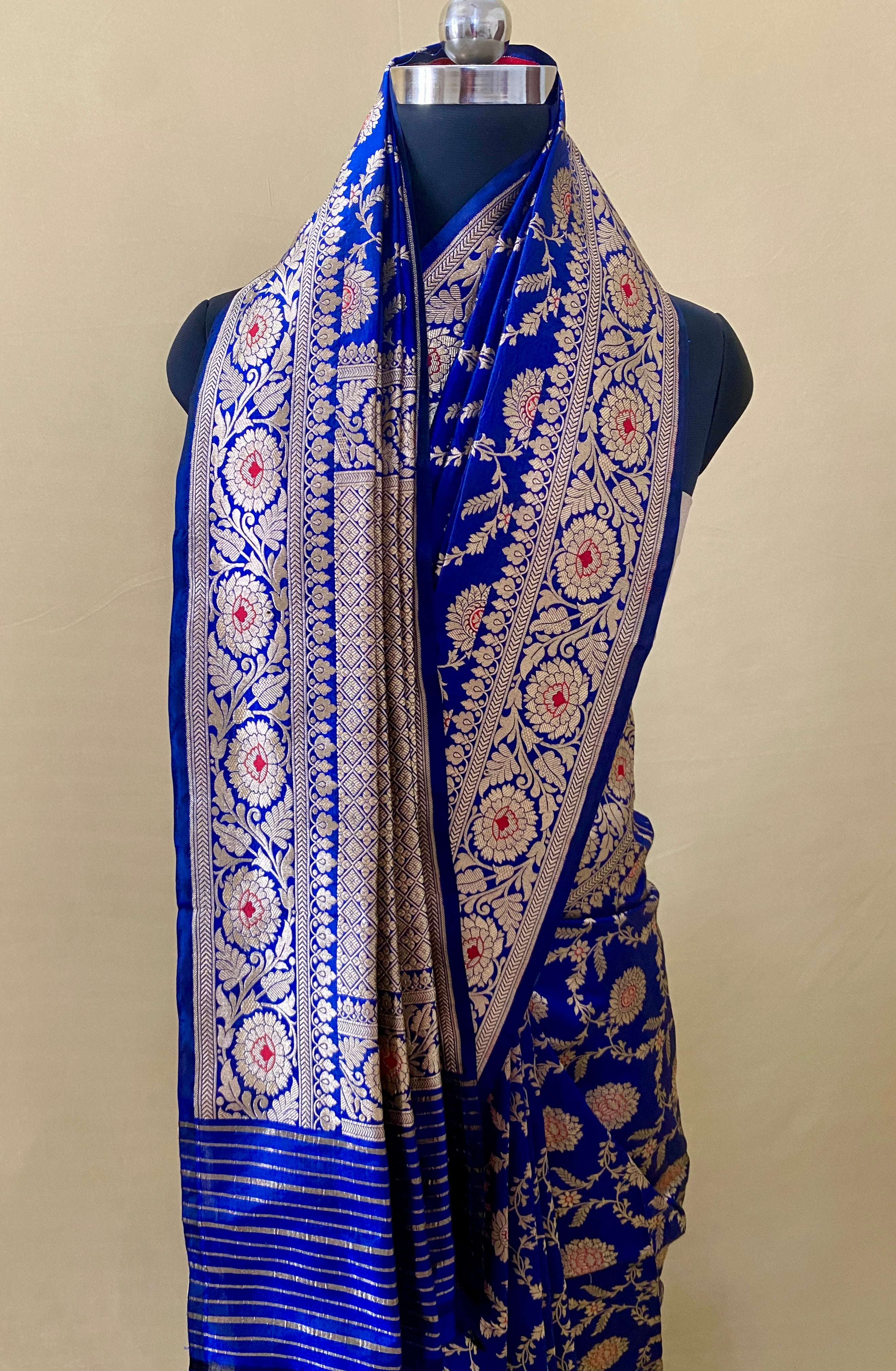 Royal Blue Floral Meena Katan Banarasi Silk Saree