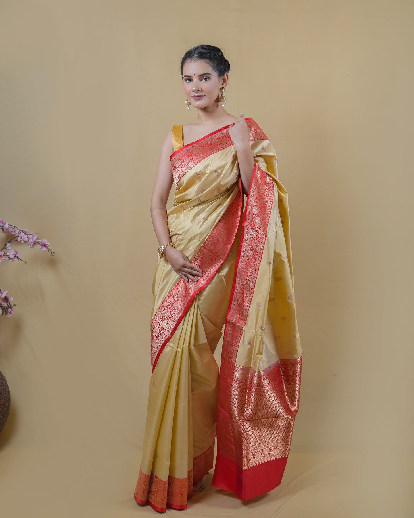 Beige & Red Border Kadhua Katan Banarasi Silk Saree