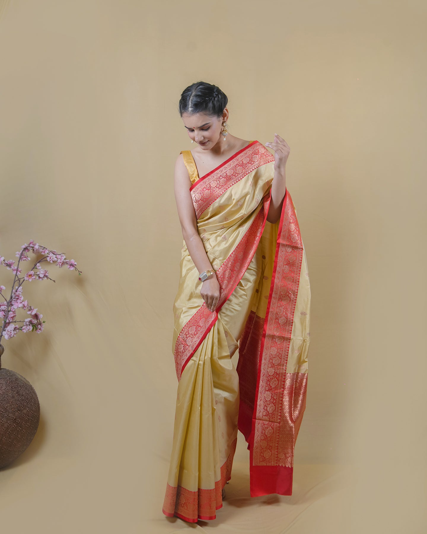 Beige & Red Border Kadhua Katan Banarasi Silk Saree